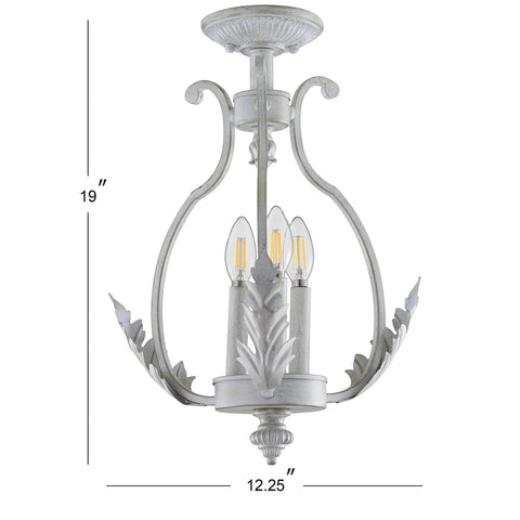 Antique White 12.2 Inch 3 Light Iron Semi Flush Mount Ceiling Fixture With Candle Style Design For Cozy Hallway Entryway And Bedroom, French Country Cottage Decor, Energy Saving LED Bulbs Included