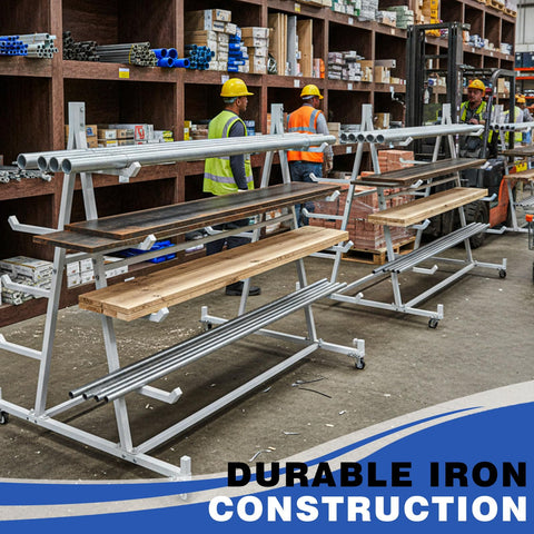 Smooth Rolling Cantilever Pipe Rack Cart With Five Tier Horizontal Lumber Storage Setup 1800 Pound Capacity Beast Mode Iron Frame in use at workshop.