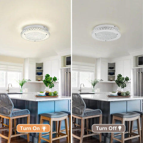 Crystal Ceiling Light With Memory Function Dimmable LED Chandelier in kitchen, turned on and off, 14 inch modern flush mount.