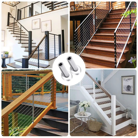 Collage of 40 Pack T316 Marine Grade Stainless Steel 30 Degree Beveled Cable Railing Sleeves on various wood posts.