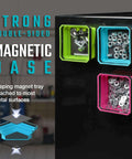 Magnetic Foldable Parts Tray Set attached to metal surface, showcasing 3 color-coded collapsible silicone trays holding washers.