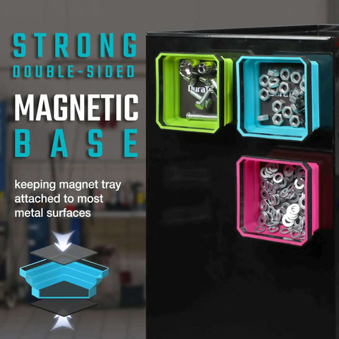 Magnetic Foldable Parts Tray Set attached to metal surface, showcasing 3 color-coded collapsible silicone trays holding washers.