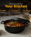 Heavy Duty Cast Iron Dutch Oven With Dual Purpose Skillet Lid 5 Quart Preseasoned Pot for bread baking on table