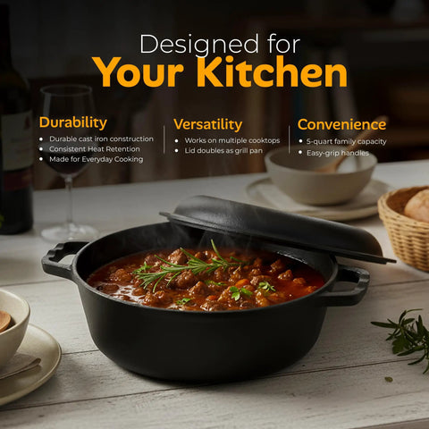 Heavy Duty Cast Iron Dutch Oven With Dual Purpose Skillet Lid 5 Quart Preseasoned Pot for bread baking on table
