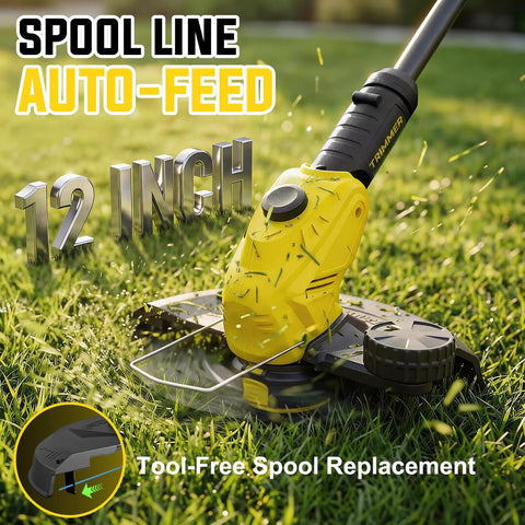 Cordless Weed Wacker And Edger 21V Power Trimmer showing 12 inch auto-feed spool line in grass