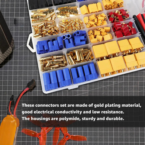 70-Piece RC Connector Kit with T Plug XT60 XT90 EC3 EC5 adapters and wire in a storage case on a table grid background.