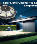 Heavy Duty Outdoor Solar Lights With 168 Kickin Bright LEDs And Slick Octagonal Build illuminating a patio area at night.