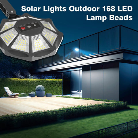 Heavy Duty Outdoor Solar Lights With 168 Kickin Bright LEDs And Slick Octagonal Build illuminating a patio area at night.