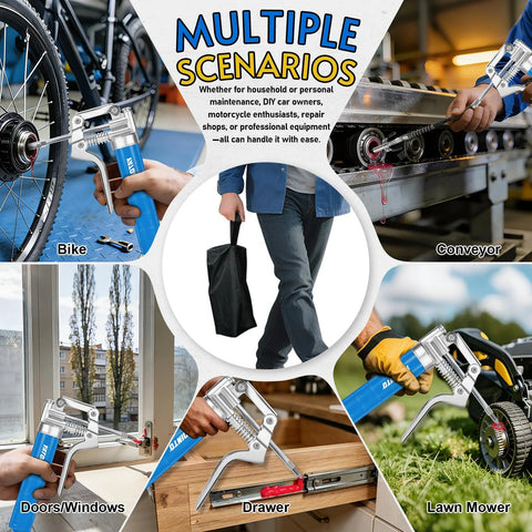 Blue mini grease gun kit with 12-inch hose and silver nozzle, shown in bike, doors/windows, drawer, mower tasks