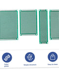 Double Sided Breadboard Kit For Soldering Projects, Compact PCB Board For DIY Prototyping shown in green with various sizes.
