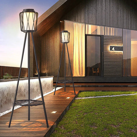 Metal Solar Floor Lamp With Plant Stand Outdoor Waterproof Lantern Lights for patio deck yard garden porch, black