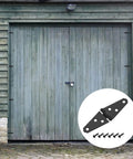 Wooden barn doors with inset image of Six Pack Strap Hinges Set, 2 Inch Heavy Duty Shed Door Hinges with Screws, black iron construction.