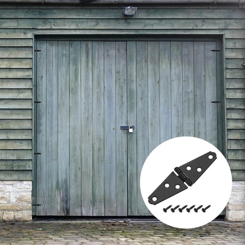 Wooden barn doors with inset image of Six Pack Strap Hinges Set, 2 Inch Heavy Duty Shed Door Hinges with Screws, black iron construction.