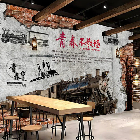 Peel And Stick Steam Locomotive Wall Mural Dope 3D Train Print Removable Wallpaper For Living Room Bedroom And Kids Room Vintage Train Decor 79 Inch Wide By 55 Inch High Silk Canvas featuring vintage train.