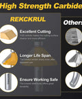 Front view: REKCKRUL 45° chamfer router bit with bearing, 1/2 in shank; carbide tipped; wood block and cutting head shown; Others column.