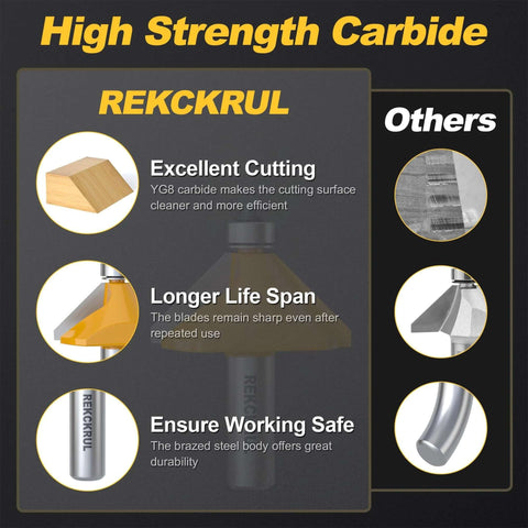 Front view: REKCKRUL 45° chamfer router bit with bearing, 1/2 in shank; carbide tipped; wood block and cutting head shown; Others column.
