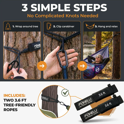 How to set up Ultralight Two-Person Camping Hammock For Backpacking And Festivals with tree-friendly ropes and carabiners.