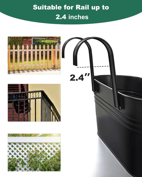 16 Inch Railing Planter Set Of 3 For Outdoor Plants With Detachable Hooks And Drain Holes Large Metal Balcony Pots For Home Garden Fence On Balconies Black shown with 2.4 inch hook compatibility for various fence types