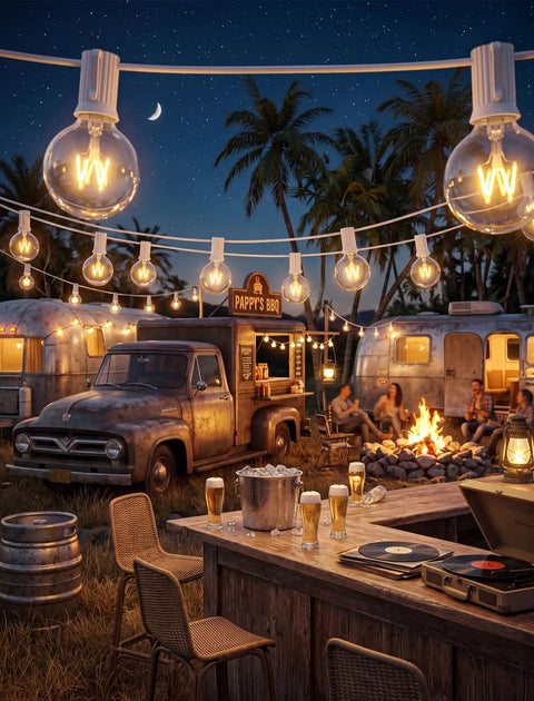 Outdoor String Light Set G40 100 Feet With 105 Edison Glass Bulbs illuminating a vintage trailer scene at night with fire pit