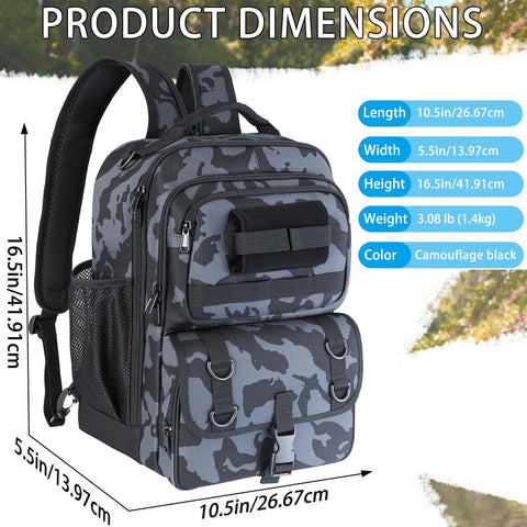 Camouflage black fishing backpack dimensions; All In One Fishing Backpack Kit With Built In Tackle Boxes Rod Holder And Lure Storage