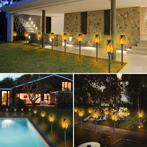 12-Pack Solar Christmas Lights Outdoor With Flickering Flame Tiki Torches Waterproof Garden Lights auto illuminating pathways