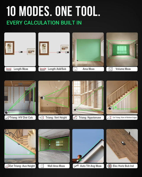 Image displaying 10 modes of Dual Laser Distance Measuring Tool With Angle Sensor and Level Bubble from Anywhere in the Room, IP54 aluminum.