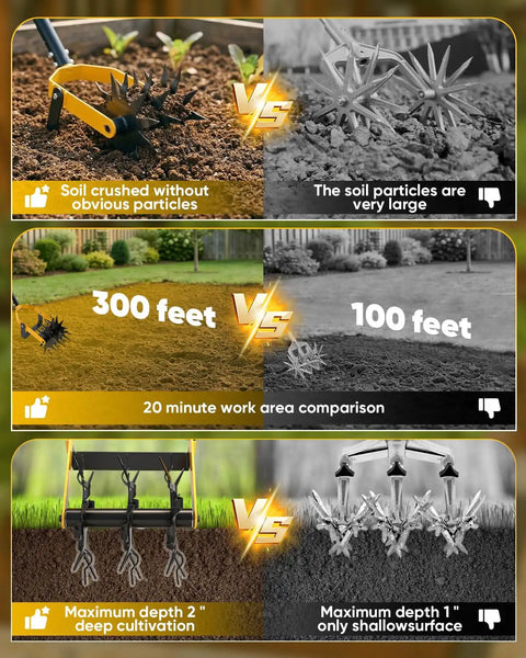 Comparison of 2-In-1 Manual Rotary Cultivator And Weeder with competitor, showing tilling results, work area, and cultivation depth.