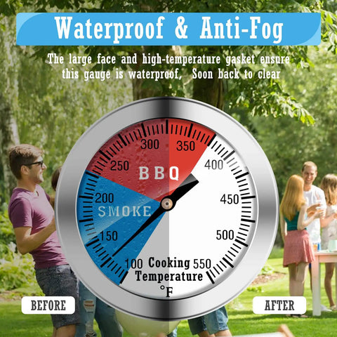 Backyard BBQ Thermometer Gauge For Charcoal Grill And Pit Smoker With Fahrenheit Dial, color coded, waterproof feature shown