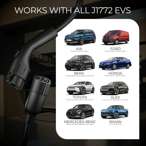 Plug And Go J1772 Electric Vehicle Charger Extension Cord With Carry Bag For Level 1 And Level 2 EV Charging 48 Amp 33 Foot with J1772 EVs listed.
