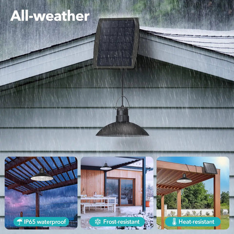 Dual Head Solar Pendant Lights With Remote For Outdoor And Indoor Use IP65 Waterproof Shed Lamp installed in rain, gazebo, patio