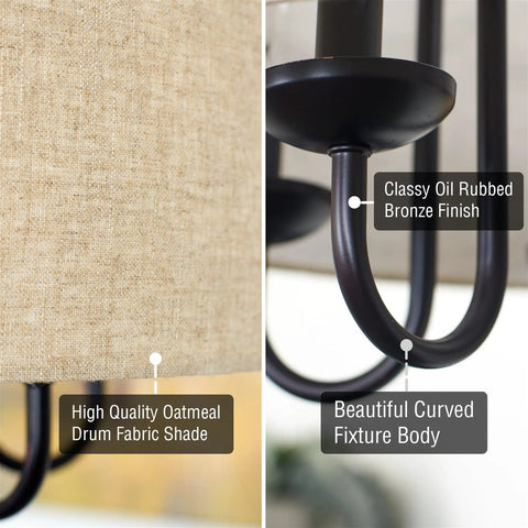 Close-up of Gwenyth 20 Inch Modern Farmhouse 5 Light Drum Chandelier with oatmeal linen shade and oil rubbed bronze finish arch