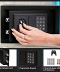 Electronic steel safe with keypad, manual override for home or office, showcasing lock box and contents, 12.2x7.9x7.9 inches.