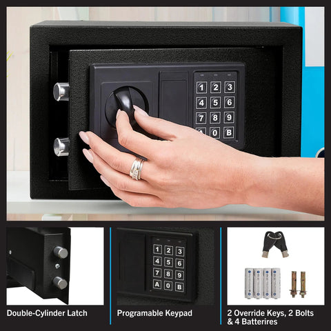 Electronic steel safe with keypad, manual override for home or office, showcasing lock box and contents, 12.2x7.9x7.9 inches.