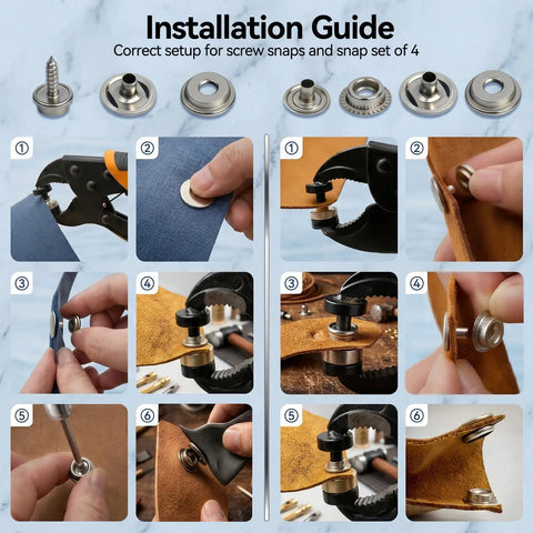 Installation guide for Straight Shooter 266 Piece Snap Fastener Tool Kit with adjustable pliers and components.