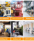 Collage of heavy equipment, logistics truck, display shelves, clothing rack, furniture rack, and medical apparatus on casters.