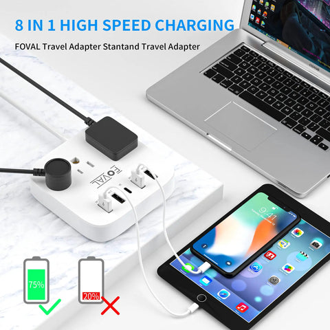 8 In 1 Travel Plug Adapter With USB C And Four USB Ports Three AC Outlets Wall Mountable next to laptop and tablet charging