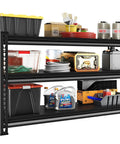 Heavy Duty Metal Garage Shelving Unit 1530 Lbs Total Capacity, 3 Tier Adjustable Storage Racks, 48W X 18D X 39H Black For Garage Basement And Kitchen, Built Like A Tank, Ready To Tackle Clutter shown loaded with storage bins and containers