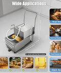 Straight Heavy Duty Commercial Mobile Fryer Filter Machine With 14 Gallon Tank and Smooth 550 Watt Pump for No Sweat Restaurant Oil Cleanup System, showing dimensions and applications.
