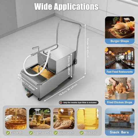 Straight Heavy Duty Commercial Mobile Fryer Filter Machine With 14 Gallon Tank and Smooth 550 Watt Pump for No Sweat Restaurant Oil Cleanup System, showing dimensions and applications.