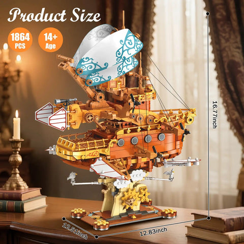 Massive 1864 Piece Fantasy Steampunk Spaceship Building Set For Adults, epic clockwork spacecraft on wooden table