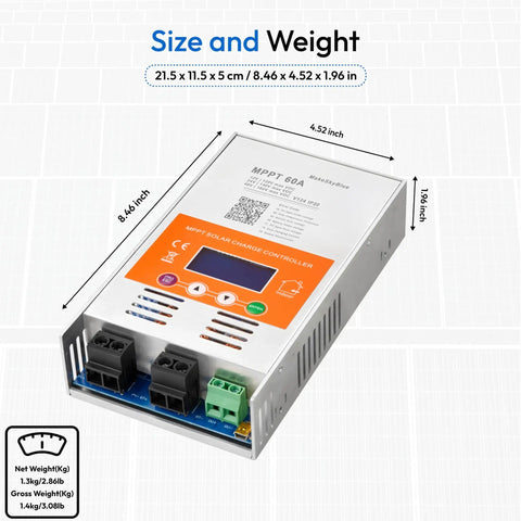 60A MPPT Solar Charge Controller V124 Upgraded For 12V 24V 48V Rigs, Auto Detect, with dimensions and weight info