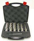 Heavy Duty Magnetic Drill Press That Is A Total Knockout With Six Piece Annular Cutter Set For Badass Steel Jobs And Quick Setup On Any Job Site in a black carrying case.
