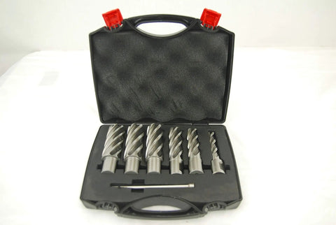 Heavy Duty Magnetic Drill Press That Is A Total Knockout With Six Piece Annular Cutter Set For Badass Steel Jobs And Quick Setup On Any Job Site in a black carrying case.