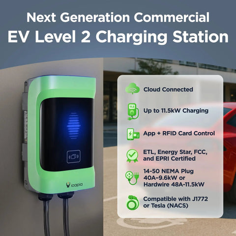 Level 2 Commercial EV Charger With 11.5kW Hardwired Or 9.6kW Plug-In, 25 ft Cable, J1772 Connector, wall installation view