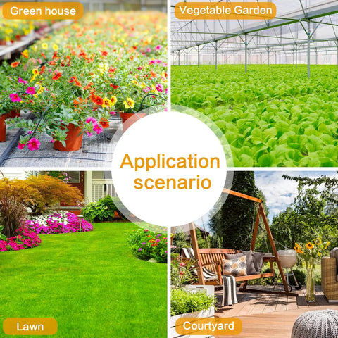 Application scenarios of 90 Pieces One Quarter Inch Barbed Drip Irrigation End Plugs in greenhouse, vegetable garden, lawn, and courtyard.