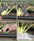 Installation steps for Pro Grade 150Pcs Drip Irrigation Emitters Kit showing drilling and placing sprayer nozzles on a hose