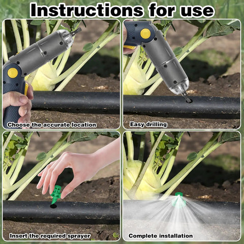 Installation steps for Pro Grade 150Pcs Drip Irrigation Emitters Kit showing drilling and placing sprayer nozzles on a hose