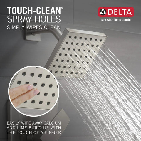 Brushed Nickel Tub And Shower Trim Kit With Single Spray Touch-Clean Shower Head, water flowing, easy cleaning feature shown