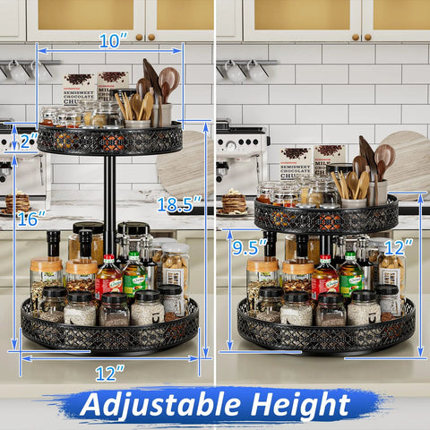 Lazy Susan Organizer 2-Tier Turntable Spice Rack, black metal, adjustable height for cabinet/pantry storage