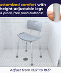 Shower Chair With Back Support For Safe Easy Bathing In The Tub Adjustable Bathroom Bench Non Slip Suction Feet Lightweight Yet Sturdy Construction Comfortable Contoured Seat Grey in a tiled shower, highlighting height adjustment.
